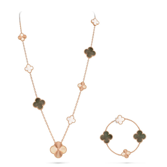 [Lume Jewelry]DETACHABLE CLOVER 15(11+4) FLOWER ROSE GOLD NECKLACE SET